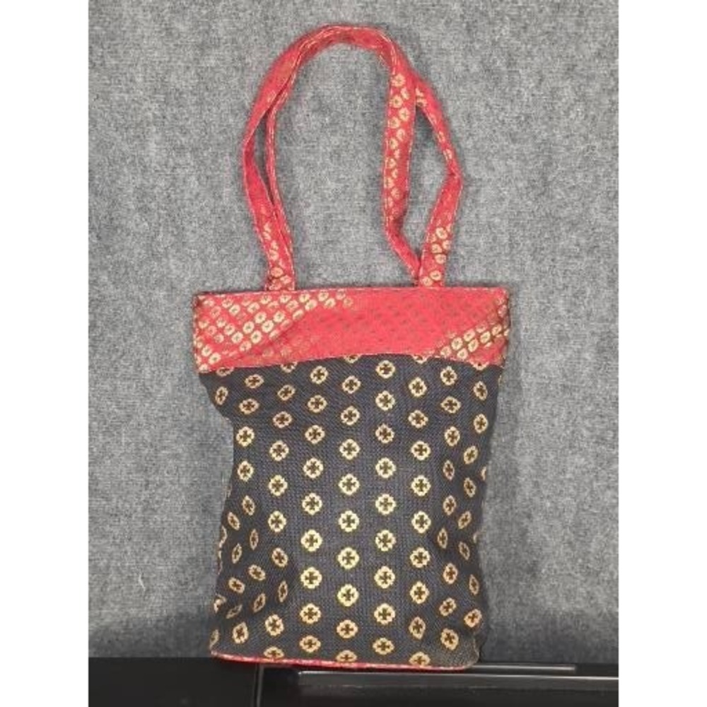VTG Jute Cottage Red Black Gold Embroidered Tote Bag Eco Friendly Indian Artisan